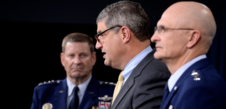 Dr. Brad LaPlante, the Assistant Secretary of the Air Force for Acquisition, answers questions after Secretary of the Air Force Deborah Lee James and Air Force Chief of Staff Gen. Mark A. Welsh III announced he award of the long range strike bomber contract in the Pentagon during a press briefing, Oct. 27, 2015. With LaPlante are Gen. Robin Rand, commander of Air Force Global Strike Command, and Lt. Gen. Arnold Bunch Jr., the military deputy for the Office of the Assistant Secretary of the Air Force for Acquisition. (U.S. Air Force photo/Scott M. Ash)